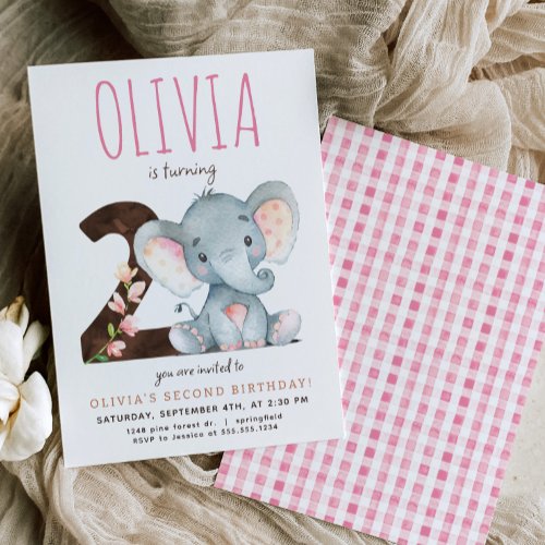 Pink Elephant Second Birthday Invitation