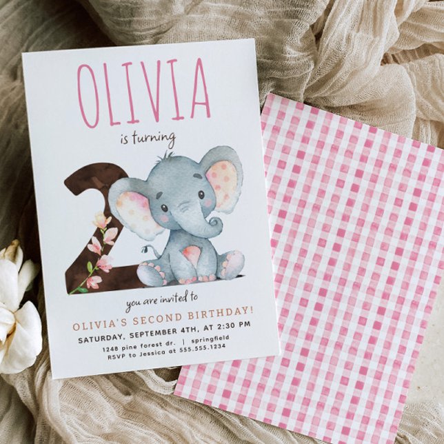 Pink Elephant Second Birthday Invitation (Creator Uploaded)