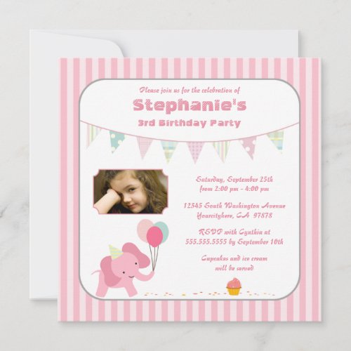 Pink elephant stripes birthday party invitation