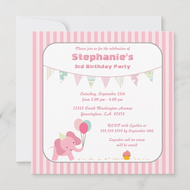 Pink elephant stripes birthday party invitation (Front)