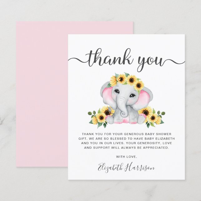 Pink Elephant Sunflower Baby Shower Thank You Card (Front/Back)