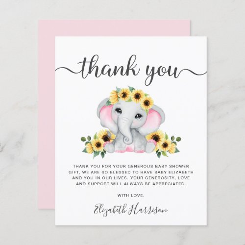 Pink Elephant Sunflower Baby Shower Thank You Card