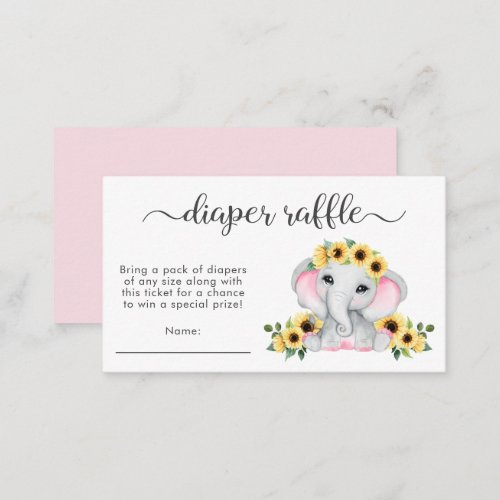 Pink Elephant Sunflowers Diaper Raffle Baby Shower Enclosure Card