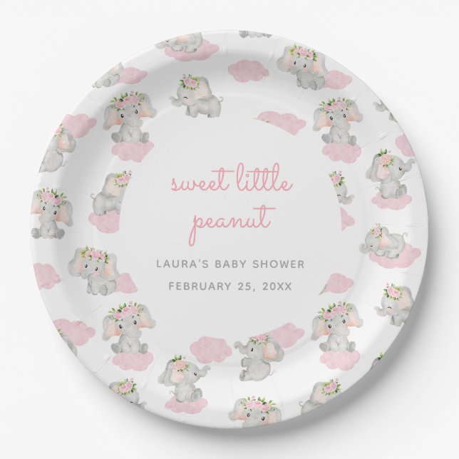 Pink Elephant Sweet Little Peanut Baby Shower Paper Plates (Front)