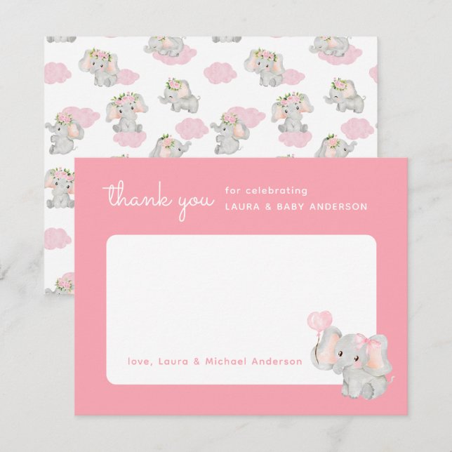 Pink Elephant Thank You Card for Baby Shower (Front/Back)