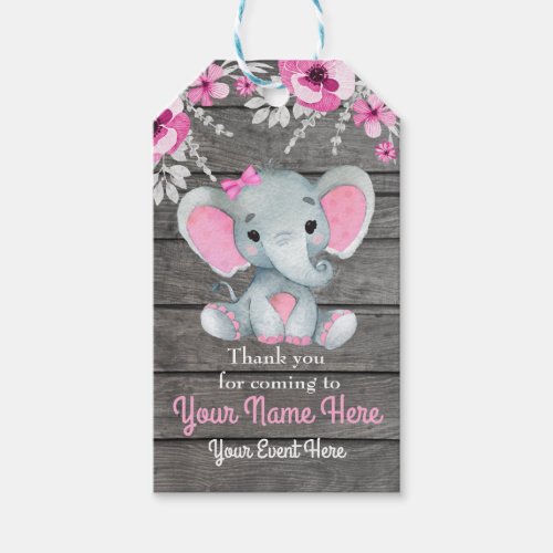 Pink Elephant Thank You Tag Rustic Flowers