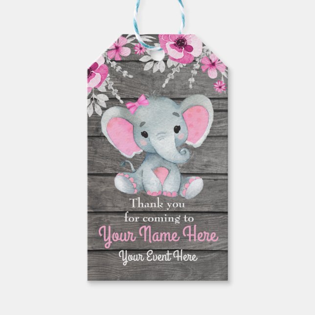 Pink Elephant Thank You Tag Rustic Flowers (Front)