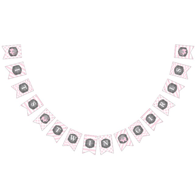 Pink Elephant Twin Girls Baby Shower Bunting Flags (All)