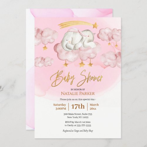 Pink Elephant Twinkle Little Star Girl Baby Shower Invitation