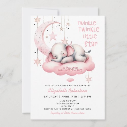Pink Elephant Twinkle Little Star Girl Baby Shower Invitation