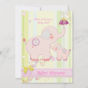 Pink Elephant Umbrella Baby Girl Shower Invitation