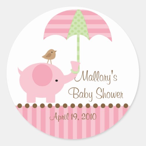 Pink Elephant Umbrella Baby Shower Sticker