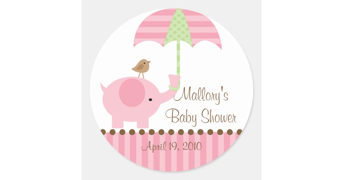 Pink Elephant Umbrella Baby Shower Sticker