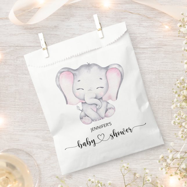 Pink Elephant Watercolor Baby Shower Favor Bag (Clipped)