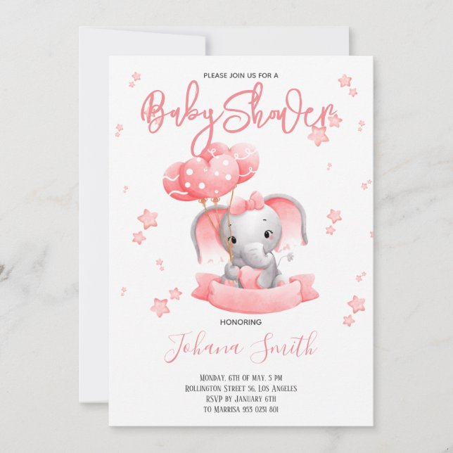 Pink Elephant Watercolor Baby Shower Invitation (Front)