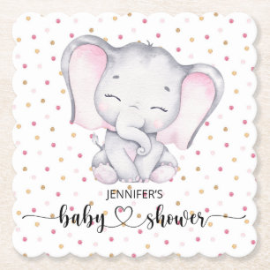 Pink Elephant Watercolor Baby Shower Paper Coaster