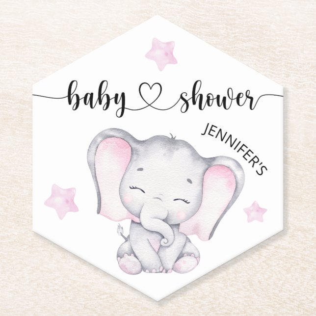Pink Elephant Watercolor Baby Shower Paper Coaster (Front)
