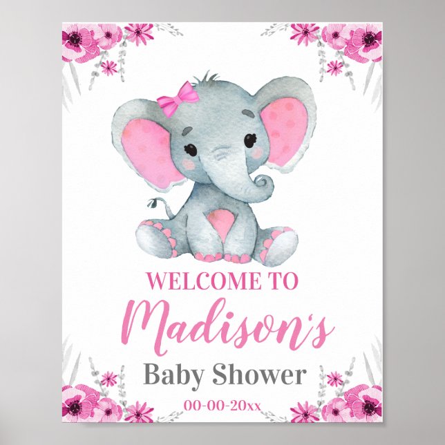 Pink Elephant Welcome Sign, Girl Rustic Shower Poster (Front)