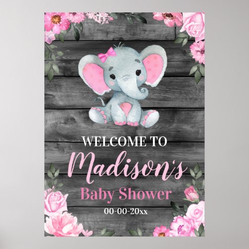 Pink Elephant Welcome Sign Girl Shower Tabletop Poster
