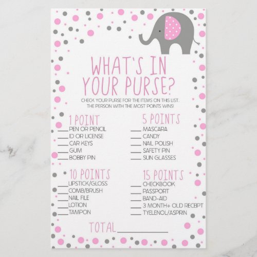 Pink Elephant Whats In Purse Baby Shower Game Stationery