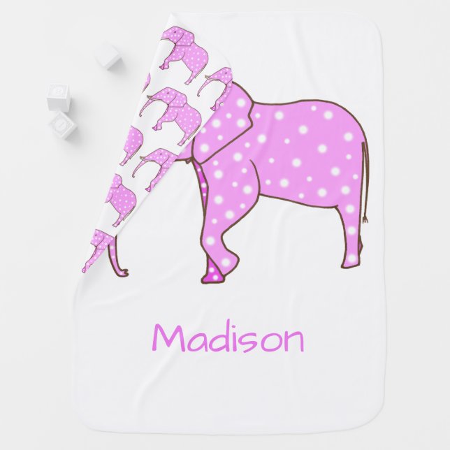 Pink Elephant White Dots Personalized Baby Blanket (In Situ)