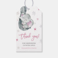 Pink Elephant Winter Girl Baby Shower Thank You Gift Tags