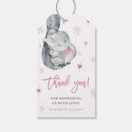 Pink Elephant Winter Girl Baby Shower Thank You Gift Tags - It's Cold Outside Pink Elephant Winter Girl Baby Shower Thank You Gift Tags 
This watercolor baby shower thank you gift tags features snowflakes with pink baby elephant and wording 'thank you' . It is perfect for winter, rustic, holiday pink girl baby shower.
You can edit/personalize whole Template.
If you need any help or matching products, please contact me. I am happy to create the most beautiful personalized products for you!