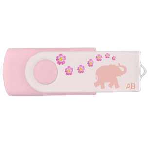 Pink elephant with flowers & monogram on pink flash drive