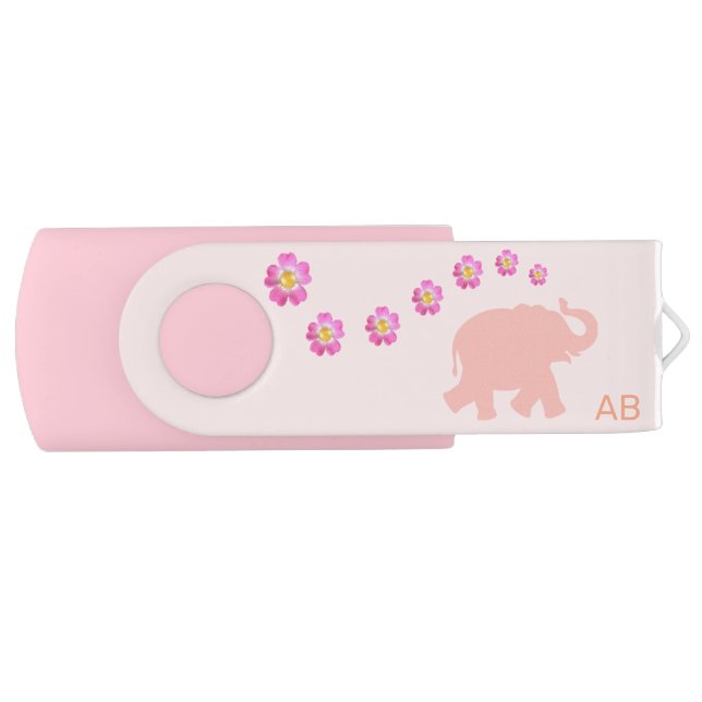 Pink elephant with flowers & monogram on pink flash drive (Front)