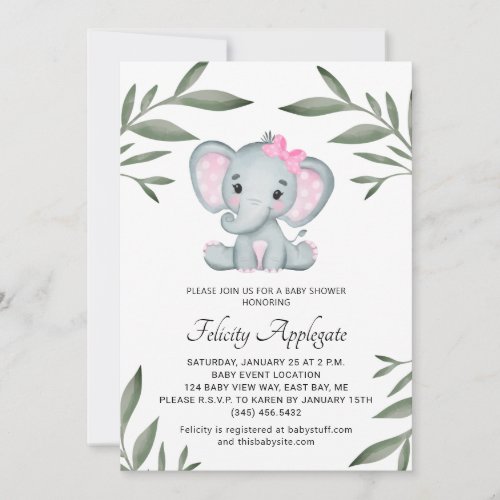 Pink Elephant With Greenery Girl Baby Shower Invitation