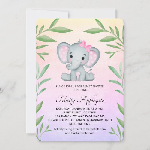 Pink Elephant With Greenery Girl Baby Shower Invitation
