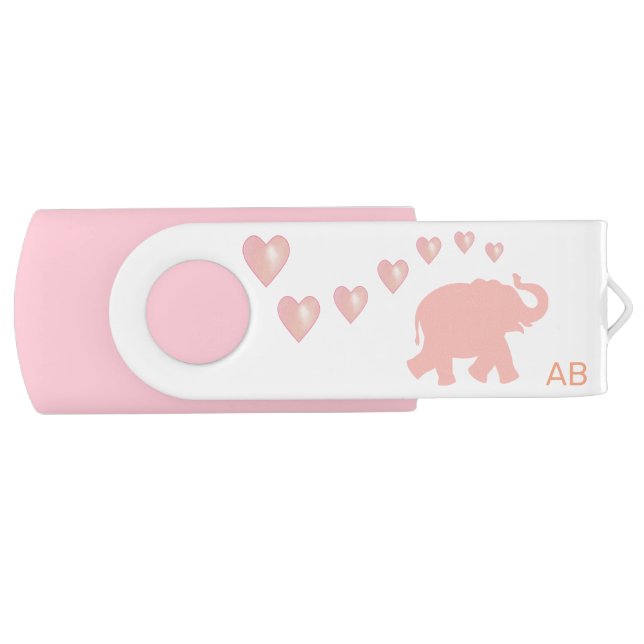 Pink elephant with hearts & monogram on pink flash drive (Front)