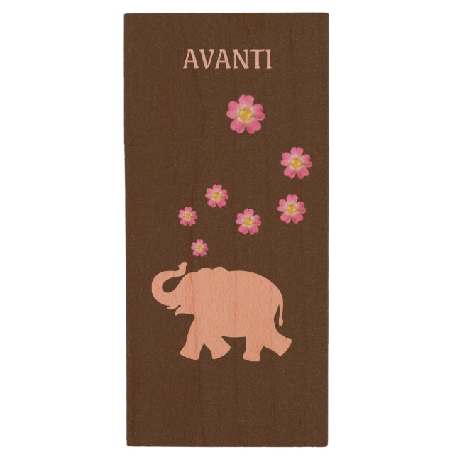 Pink elephant with pink flowers on brown wood flash drive (Front Vertical)