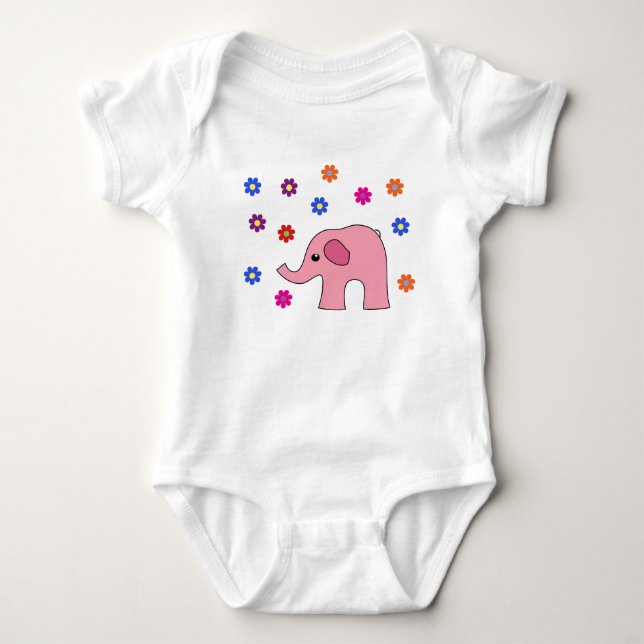 Pink elephant with roses baby girl bodysuit  (Front)