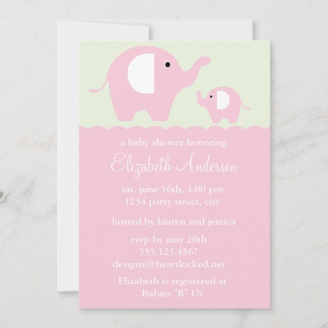 Pink Elephants Baby Shower Invitation (Front)