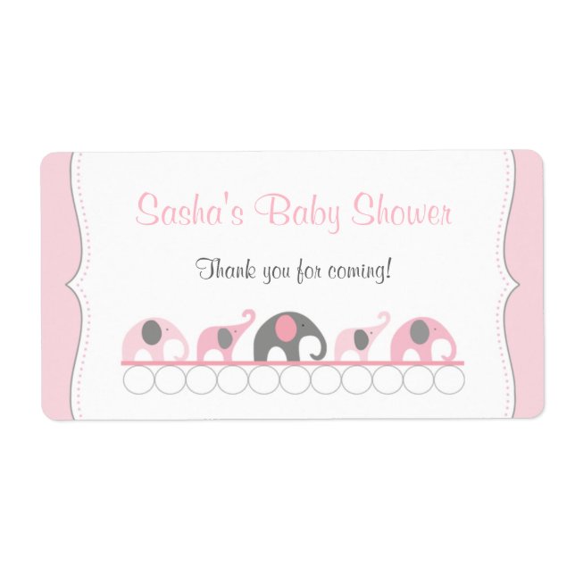 Pink Elephants Baby Shower Water Bottle or Favor Label (Front)