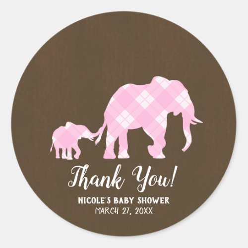 Pink Elephants Brown Trendy Modern Baby Shower Classic Round Sticker