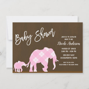 Pink Elephants Brown Trendy Modern Baby Shower Invitation