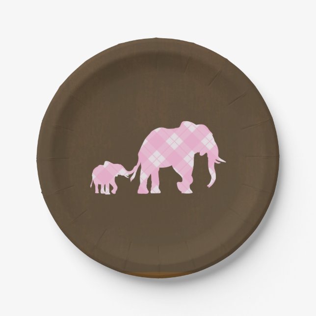 Pink Elephants Brown Trendy Modern Baby Shower Paper Plates (Front)