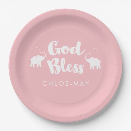 Pink Elephants God Bless BaptismDedication Paper Plates