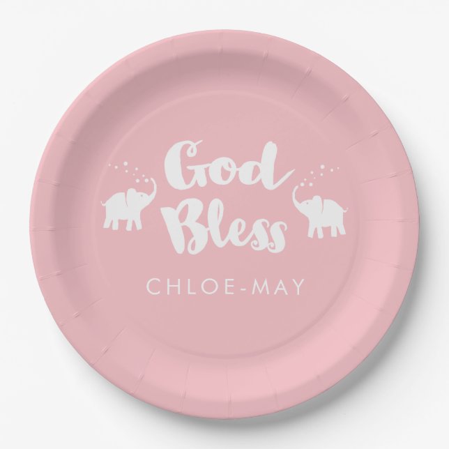 Pink Elephants God Bless Baptism/Dedication Paper Plates (Front)