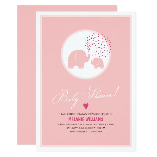 Pink Elephants Hearts Girl Baby Shower Invitation