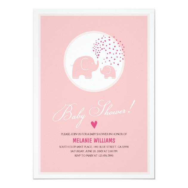 Pink Elephants Hearts Girl Baby Shower Invitation