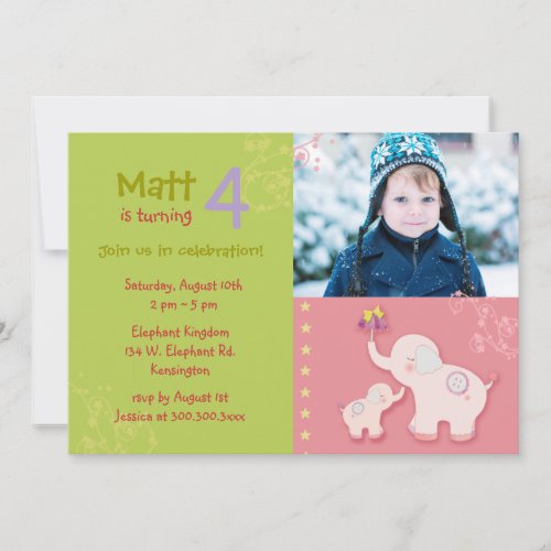 Pink Elephants Photo Birthday Party Invitations