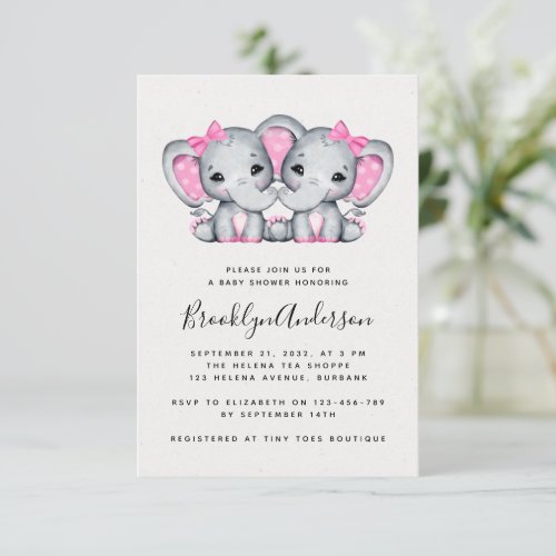 Pink Elephants Twin Girls Baby Shower Invitation