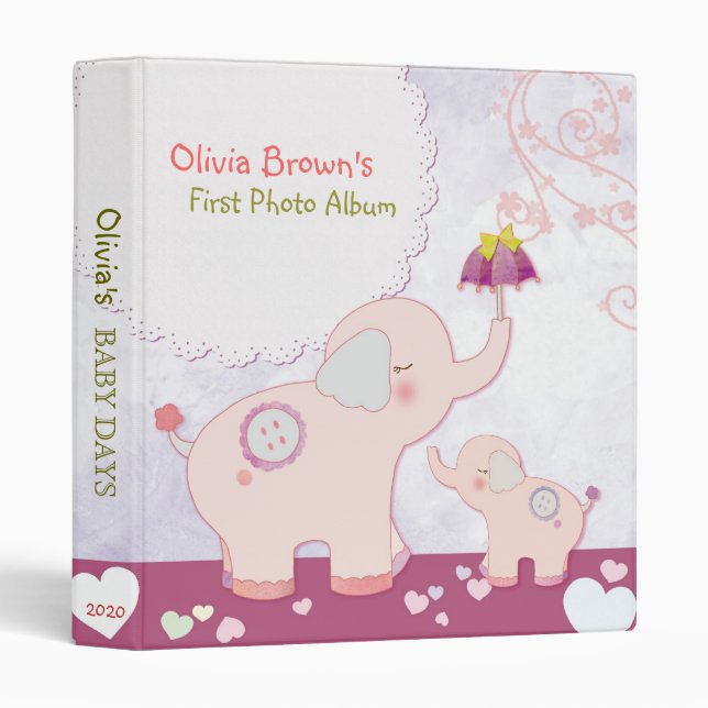 Pink Elephants & Umbrella Baby's First Photo Album 3 Ring Binder (Front/Spine)