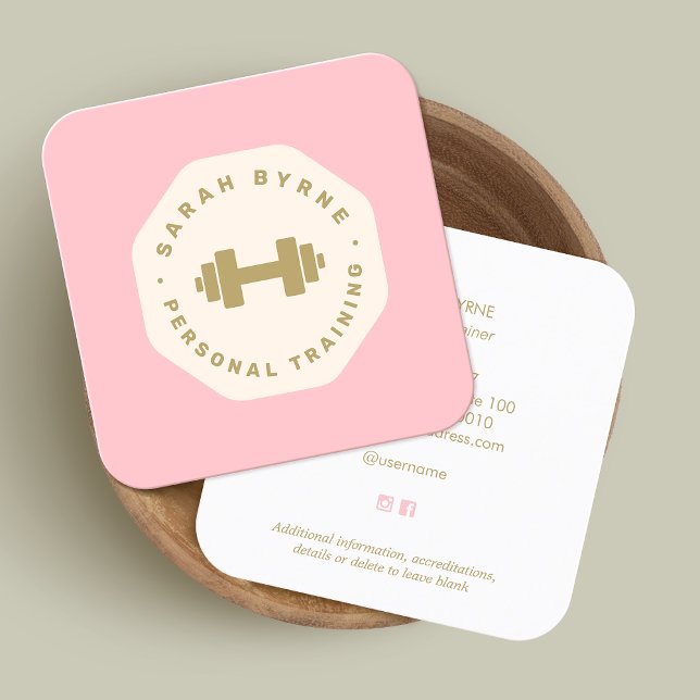 Pink Emblem Personal Trainer Training Square Business Card (Creator Uploaded)