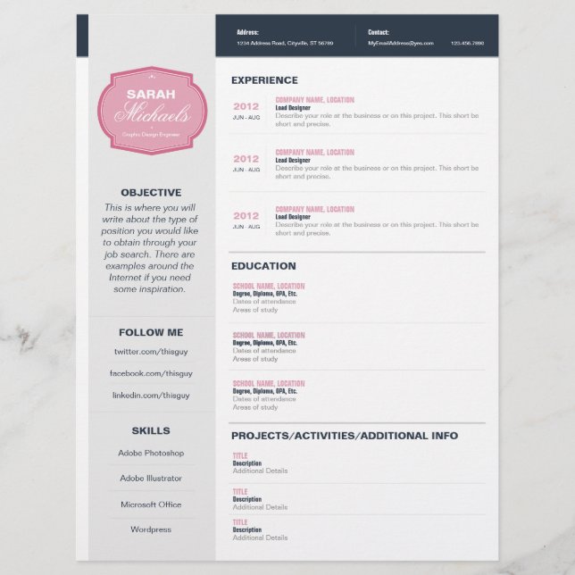 Pink Emblem Resume Letterhead (Front)