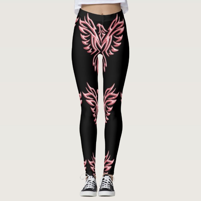 Pink Embossed-look Phoenix Rising on Black Leggings (Front)