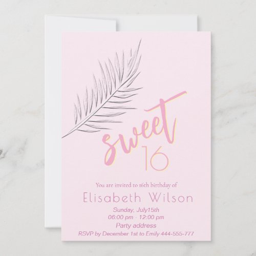 Pink Embossed palm minimalist  script sweet 16 Invitation